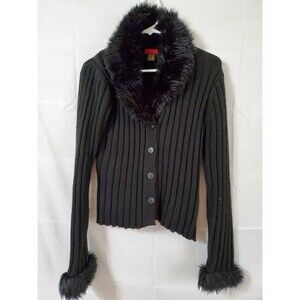 New Moine Cardigan Sweater Faux Fur Collar And Sleeves Size Large Ribbed Black